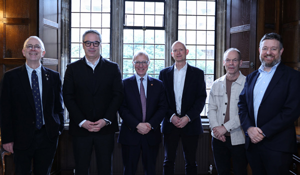 From left to right:  Professor James Naismith, Head of the Mathematical, Physical and Life Sciences Division, University of Oxford; Dr Daniel Giamouridis, Quantitative Research Director, Qube Research & Technologies (QRT); The Rt Hon Sir Ernest Ryder, Master of Pembroke College; Professor Jon Chapman, Head of the Mathematical Institute; Professor Frank Windmeijer, Head of the Department of Statistics; Professor Clive Siviour, Head of the Department of Engineering Science. Photo credit: Cyrus Mower